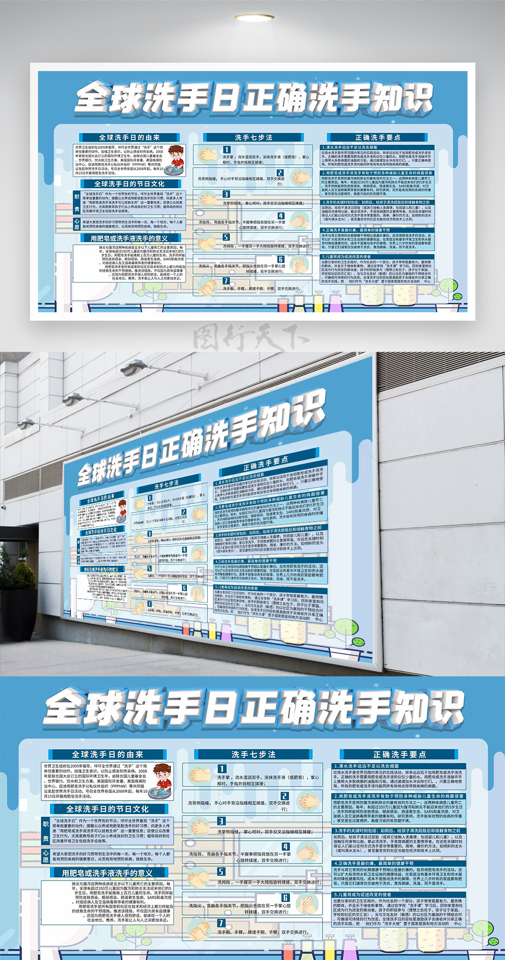 蓝色全球洗手日正确洗手知识展板